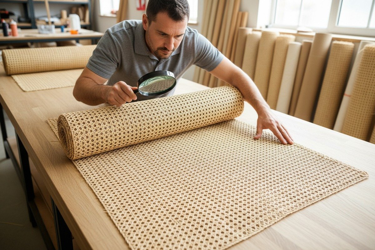 Inspektion von natürlichem Rattan-Rohrstuhlgeflecht auf Transportschäden nach der Lieferung (ID#1)