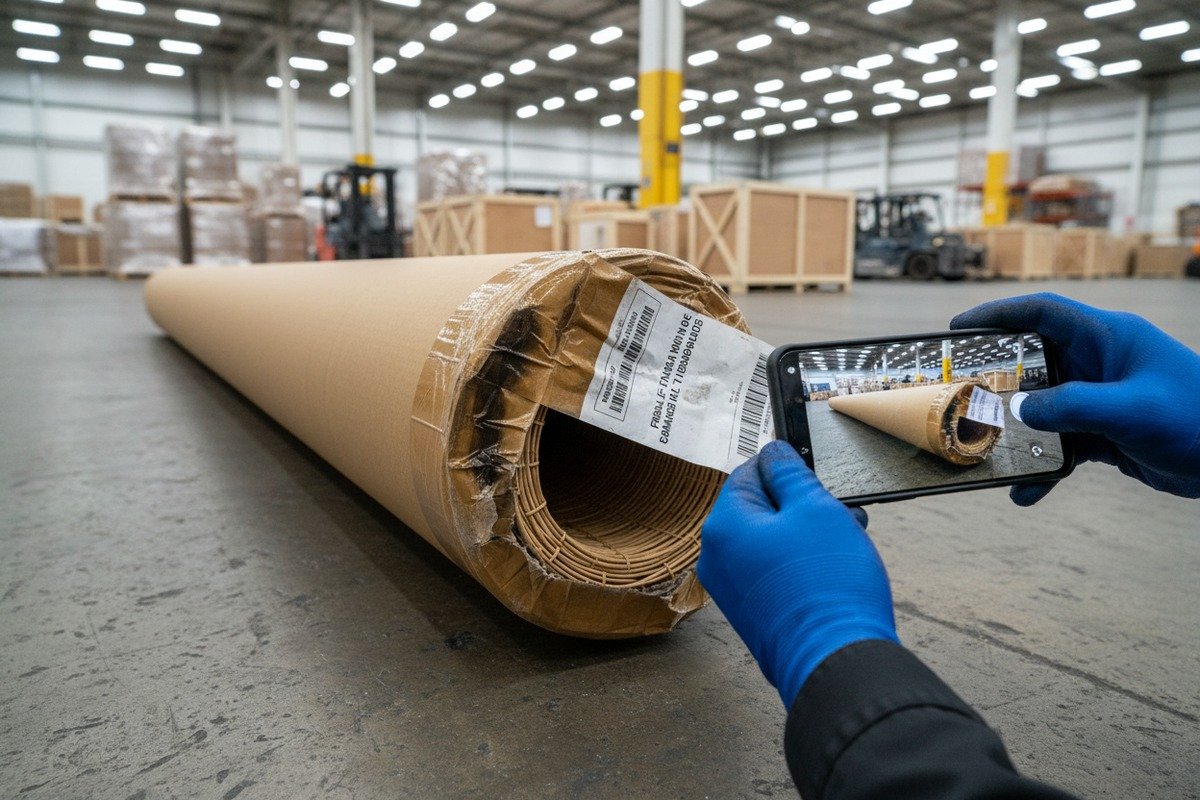 Inspektion der Außenverpackung auf Quetschungen, Durchstiche und Risse vor dem Öffnen der Rattan-Lieferung (ID#2)