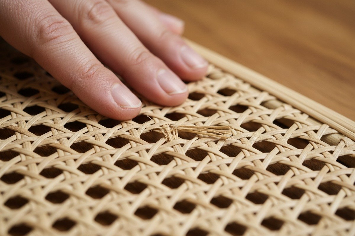 Überprüfung von abgerollter natürlicher Rohrmatte auf gebrochene Stränge und lose Webabschnitte (ID#3)