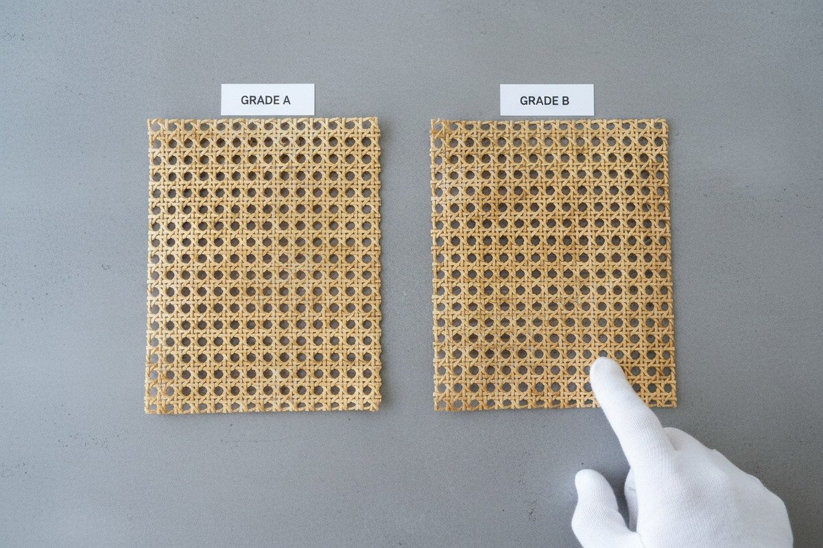 Visual comparison between Grade A and Grade B rattan cane webbing during quality inspection (ID#2)