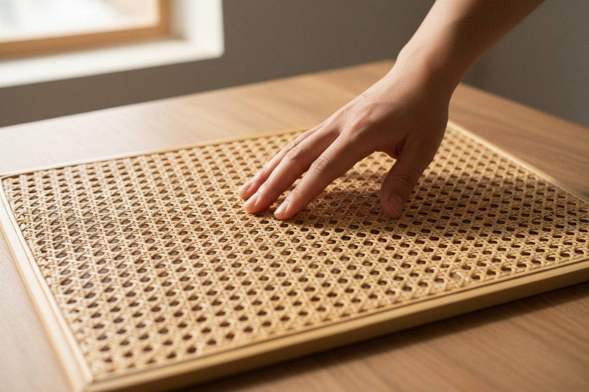 Verifying consistent honey-golden color and smooth surface texture of Grade A rattan cane webbing (ID#2)