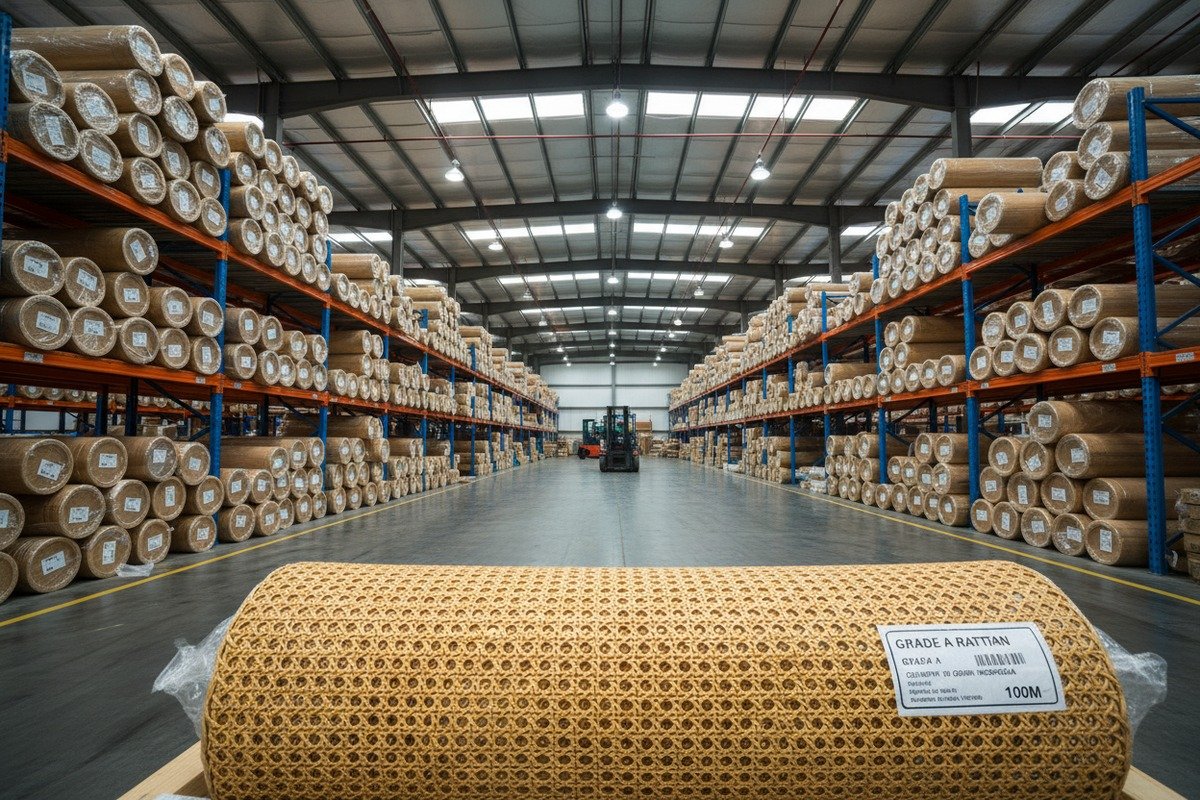 Secure packaging for international transit using moisture-barrier film and corrugated cartons for rattan (ID#5)