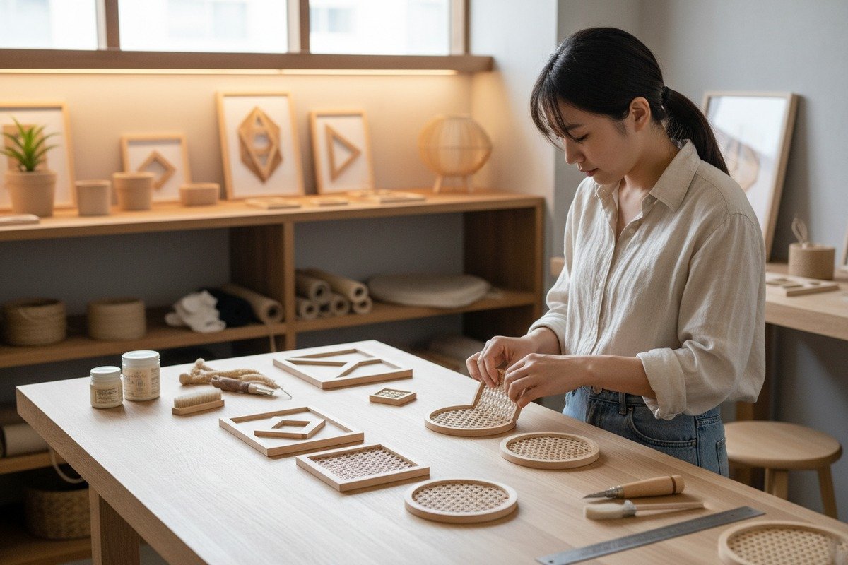 Upcycling old rattan webbing strips into new furniture panels and decorative accents (ID#4)