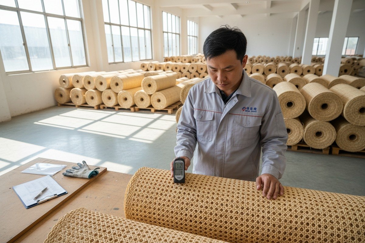 Quality inspection process for rattan cane webbing before factory shipment (ID#1)