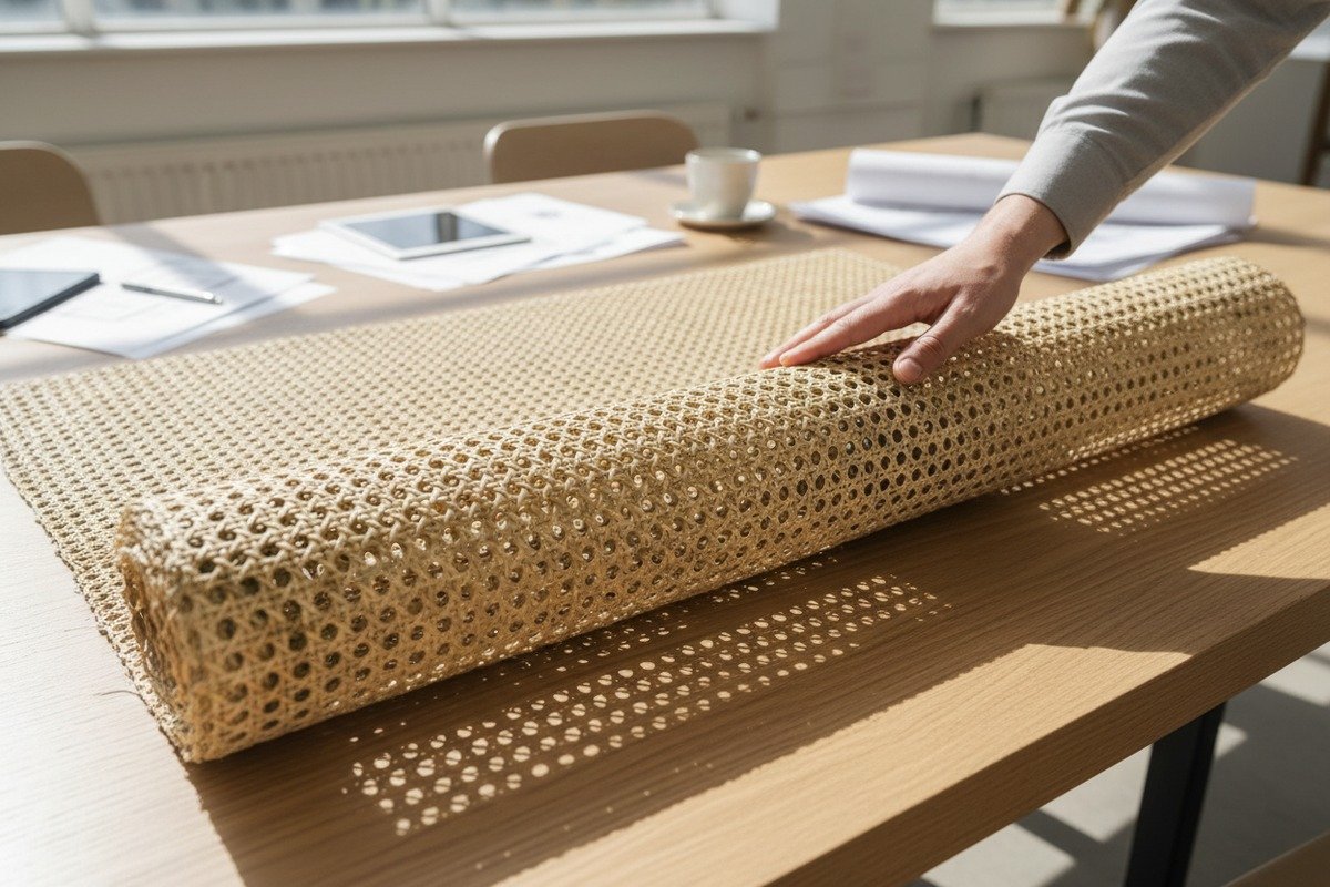 Natural green streaks on rattan cane webbing material showing normal plant pigmentation (ID#1)