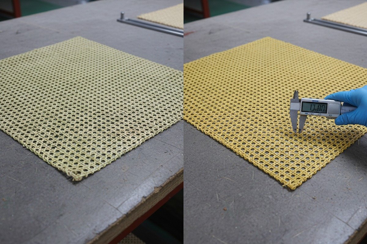 Rattan Color Aging Process Rattan material green tint fading over time to a warm buttery tan patina (ID#3)