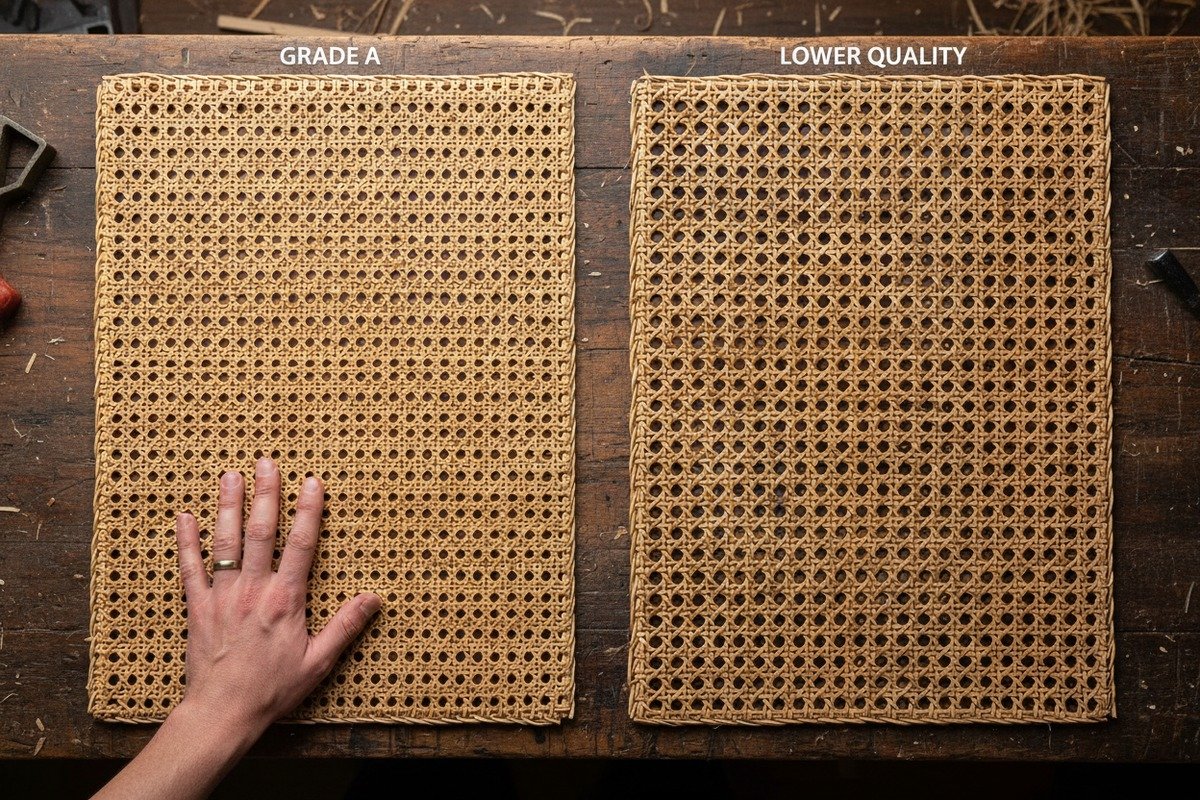 Grade A Rattan Inspection Grade A rattan cane webbing showing uniform strand width and consistent golden-brown color (ID#2)