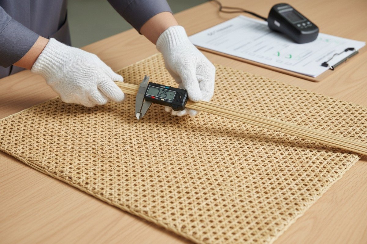 Contrôle qualité de Grade A Grade A natural rattan cane webbing undergoing multi-point quality inspections for consistent thickness (ID#2)