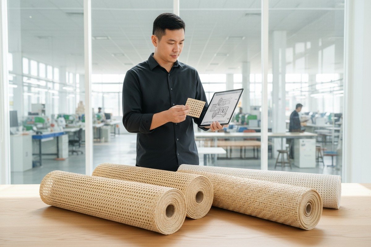 Custom weaving patterns for rattan cane webbing sourced for furniture manufacturing (ID#1)