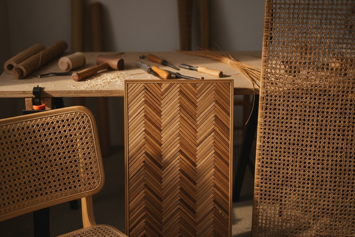 Popular custom rattan patterns including Herringbone, Close Weave, and Octagonal French Cane (ID#2)