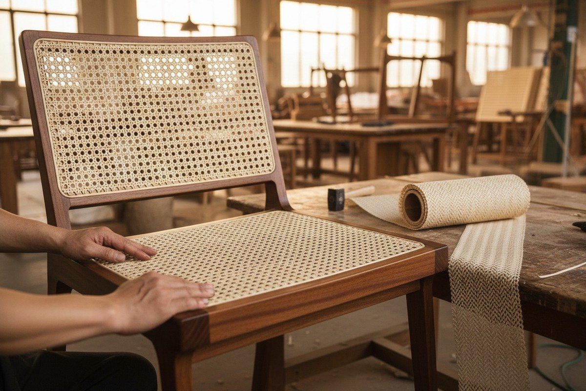 Custom rattan design process using CAD files and specialized machine weaving techniques (ID#3)