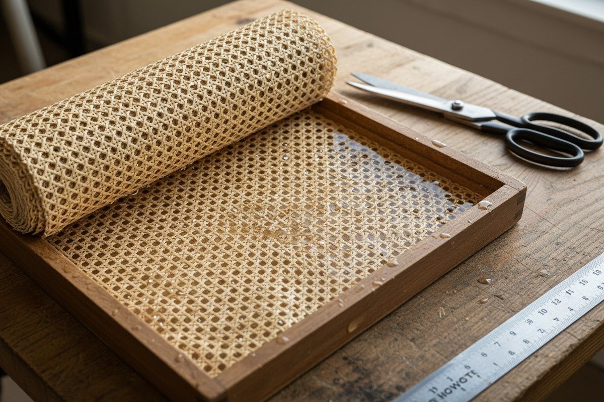 A person preparing to cut natural rattan cane webbing for a DIY project (ID#1)