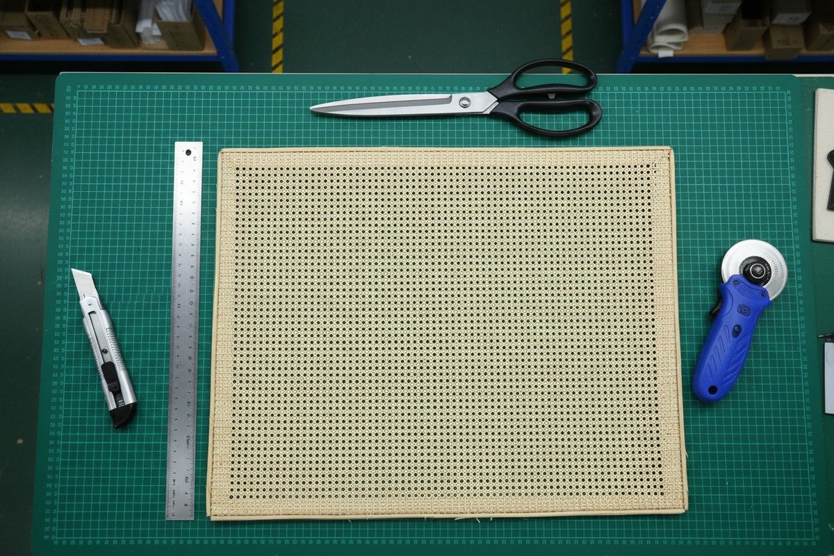 Essential tools like sharp scissors and utility knives for cutting rattan webbing cleanly (ID#2)