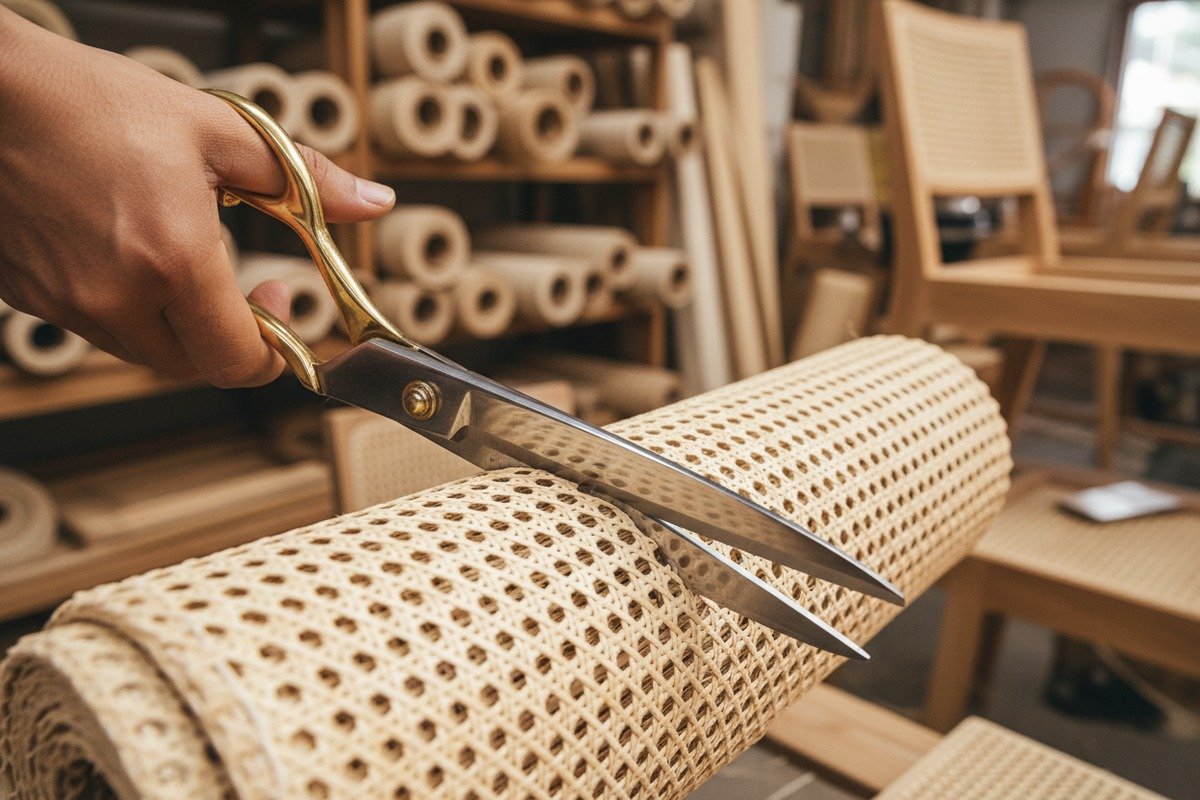 Securing cut edges of rattan webbing with glue to prevent fraying and unraveling (ID#3)