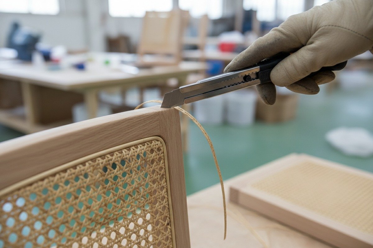 Soaking natural rattan cane webbing in warm water to soften fibers before cutting (ID#4)