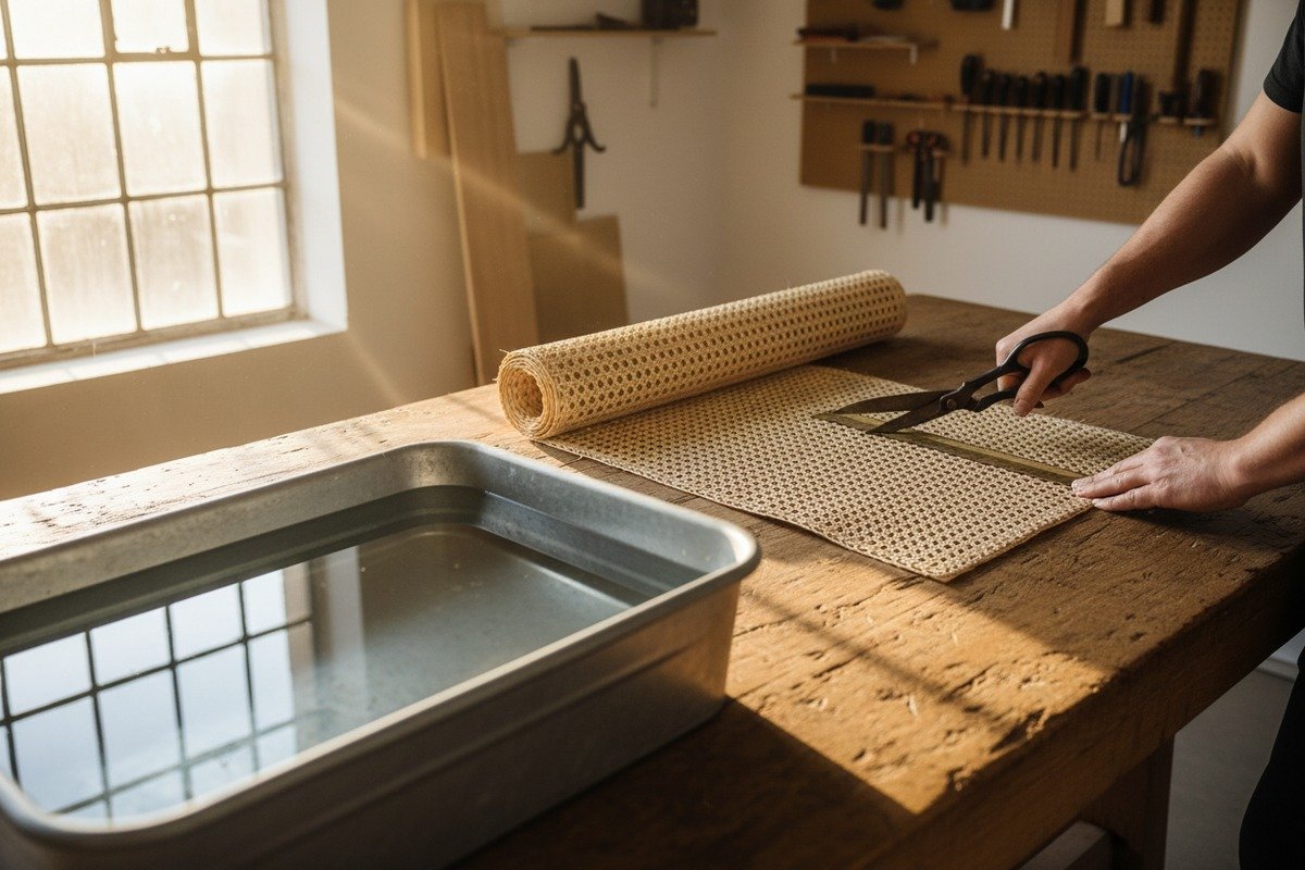 Preparación de la rejilla de caña de ratán natural para la instalación de muebles y proyectos de bricolaje (ID#1)