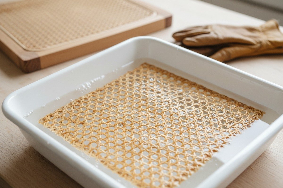 Remojar la rejilla de caña de ratán en agua tibia para hacer que las fibras sean flexibles para la instalación (ID#2)