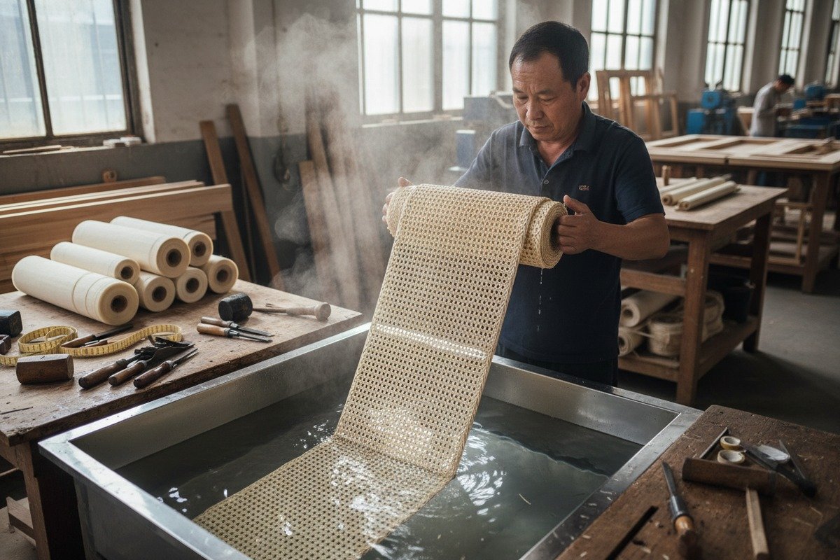Natural rattan cane webbing being prepared for installation on furniture (ID#1)