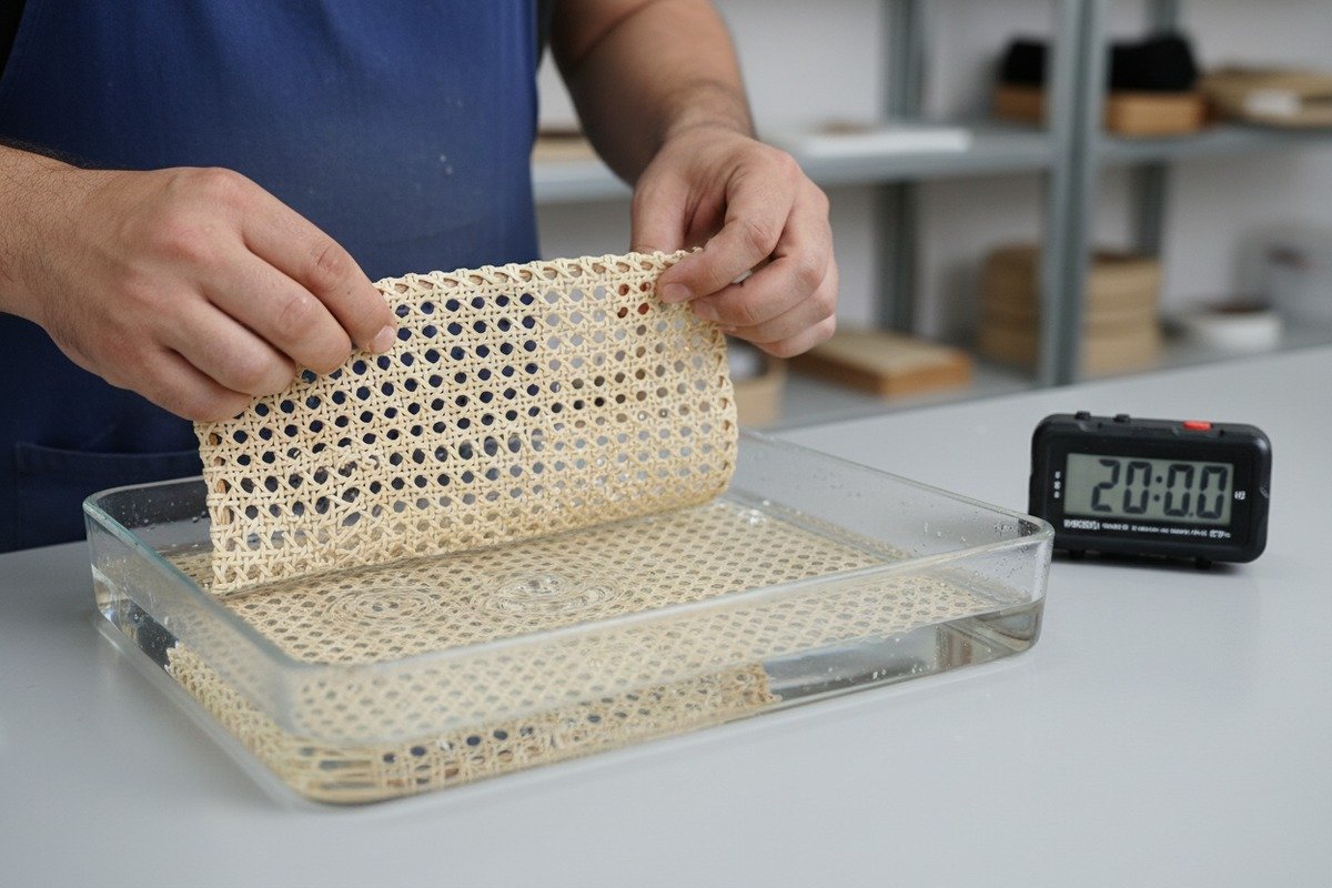 Rattan Soaking Time Guide Soaking natural rattan cane webbing in warm water for pliability before installation (ID#2)