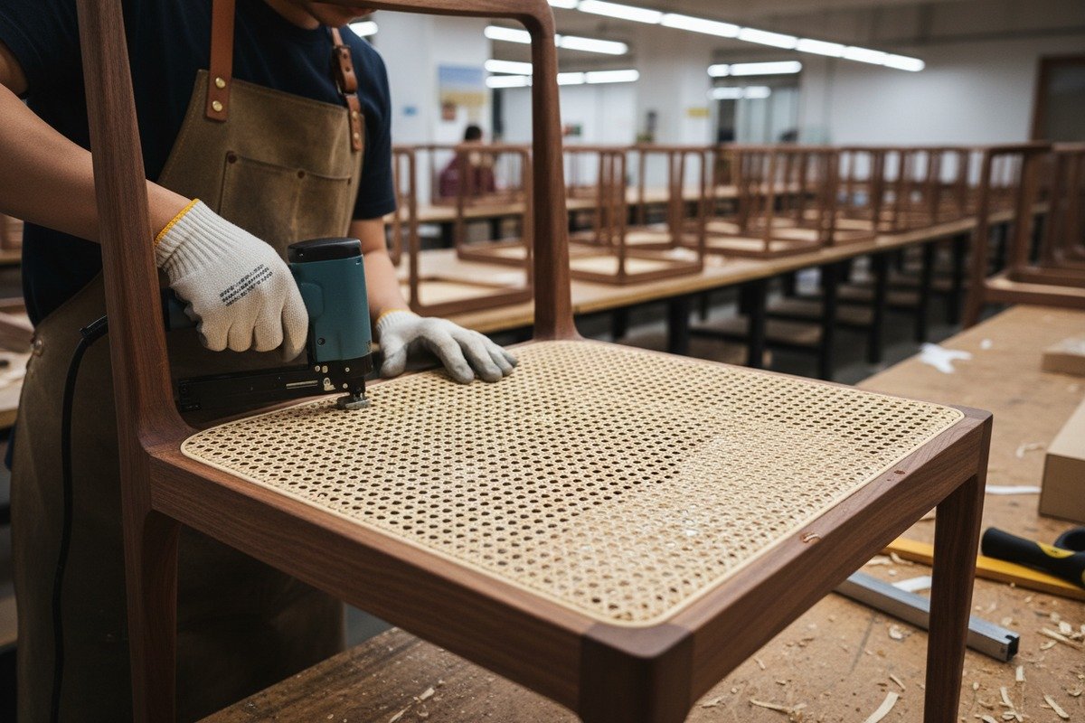 Achieving Tight Rattan Tension Wet rattan cane webbing contracting as it dries to create tight furniture tension (ID#3)