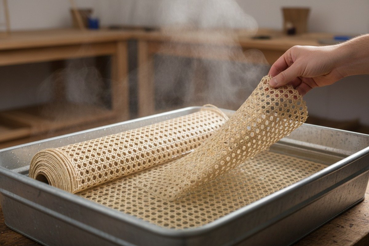 نقع قماش الروطان الطبيعي في الماء الدافئ لجعل الألياف مرنة قبل التركيب (ID#2)