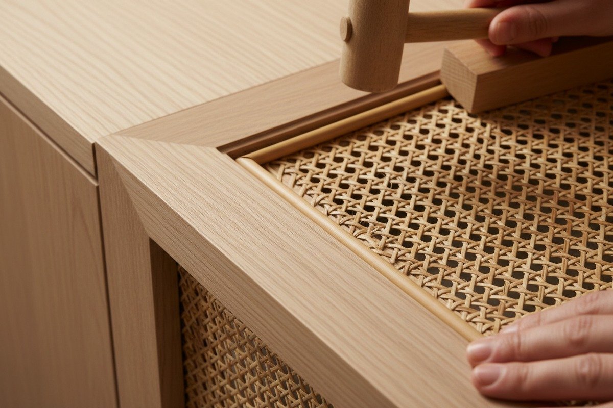 Preventing Rattan Cane Fraying Preventing rattan cane fraying by soaking webbing in warm water before cutting and installation (ID#4)