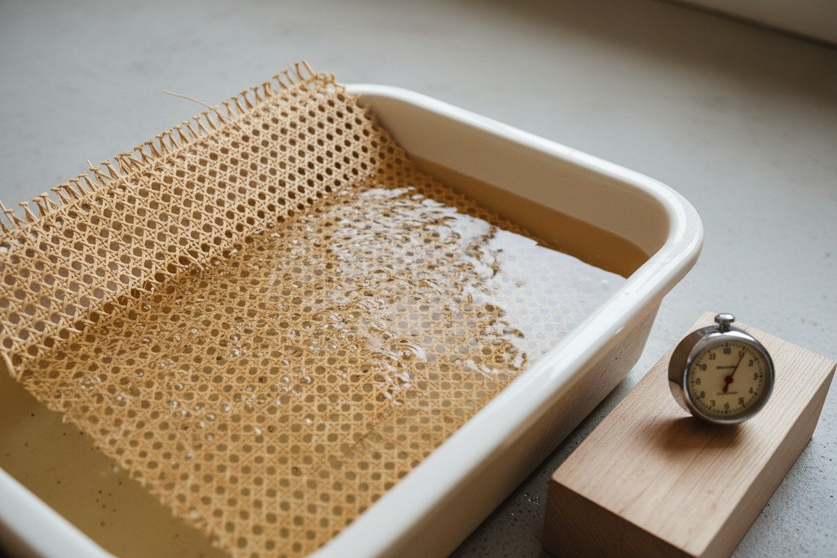 Soaking Rattan Cane Webbing Soaking natural rattan cane webbing in warm water before furniture installation (ID#2)