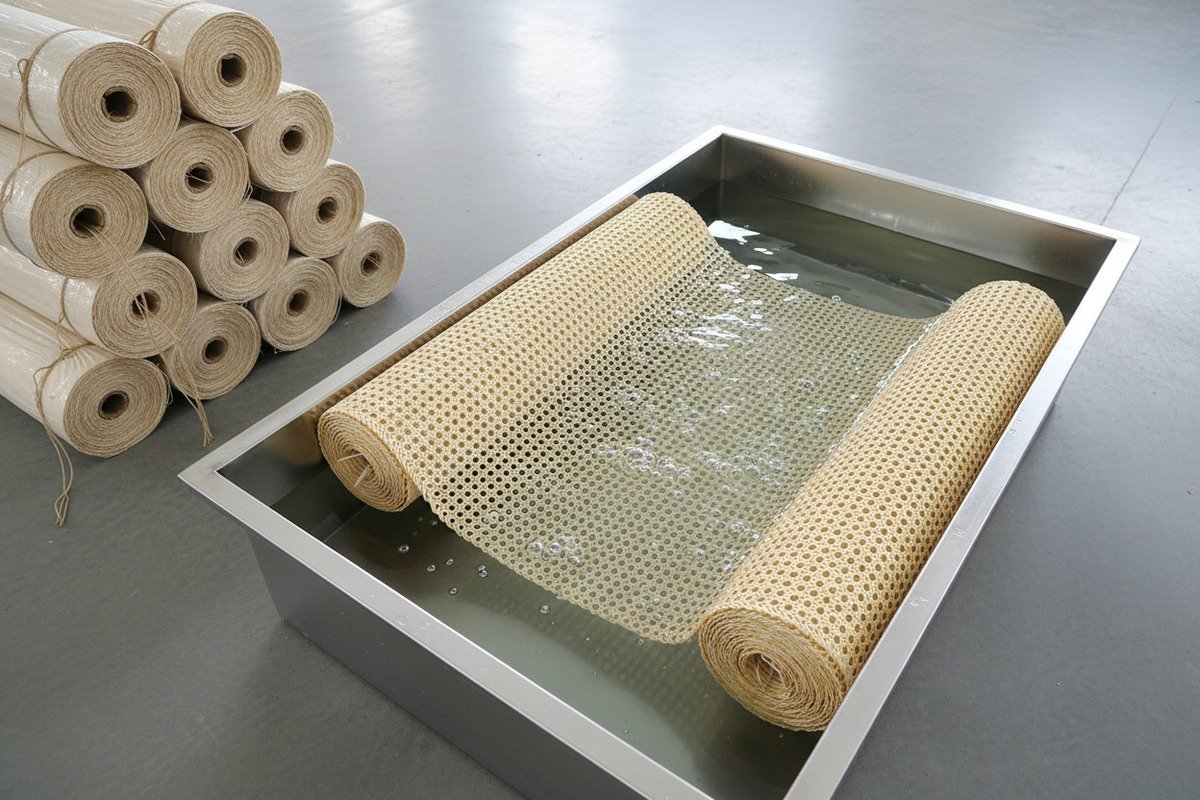 Soaking natural rattan cane webbing in water to ensure pliability and prevent sagging (ID#2)