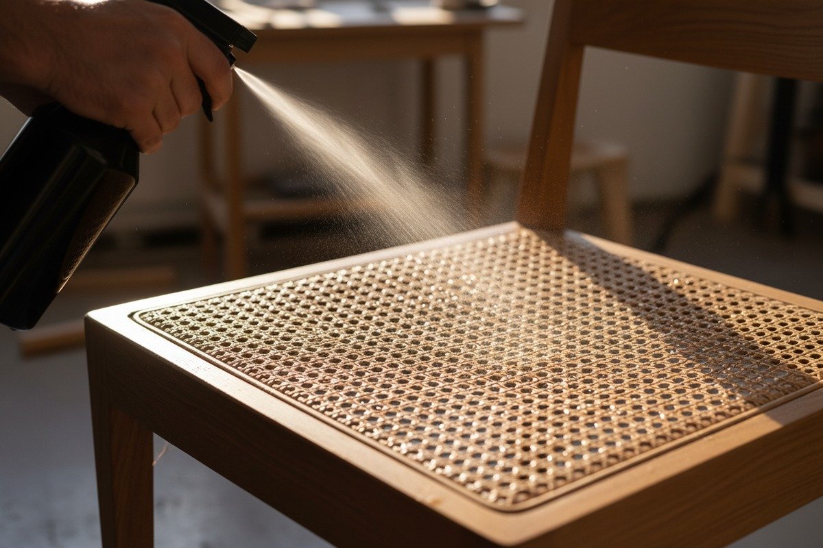 Tightening loose rattan webbing by misting with water or reinstalling with proper tension (ID#3)