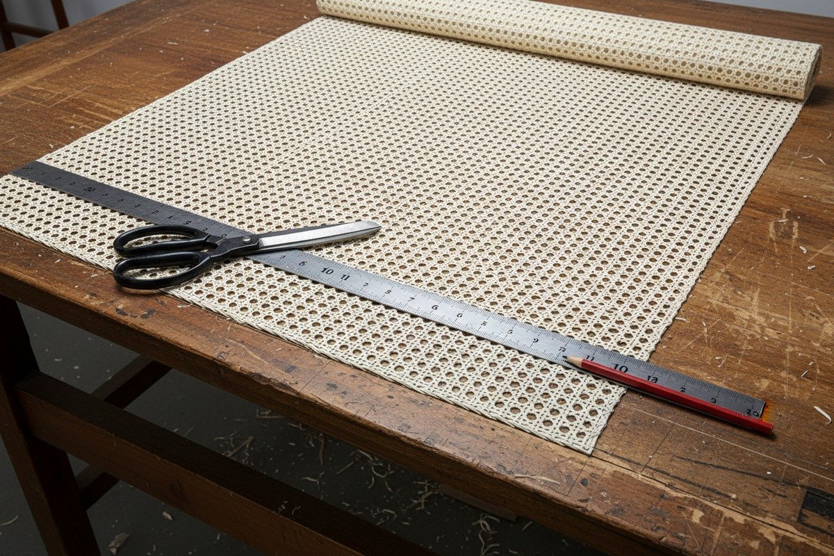 Measuring and cutting rattan cane webbing with extra margins to fit furniture frames (ID#4)