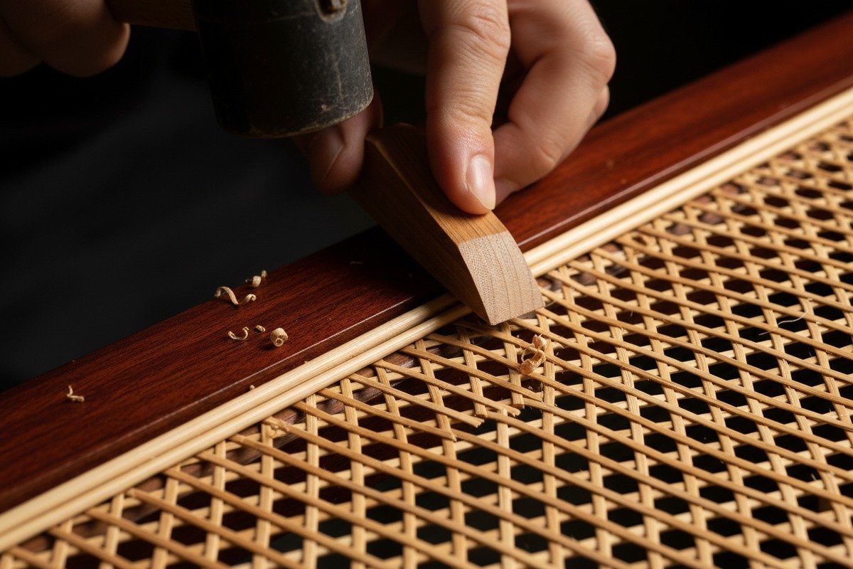 Installing a spline into a furniture groove using glue and a rubber mallet (ID#5)