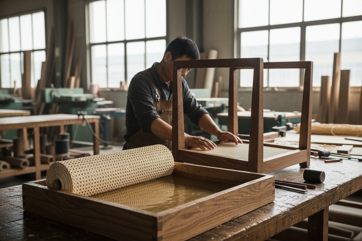 Elegant rattan cane webbing paired with a sturdy wooden furniture frame (ID#1)