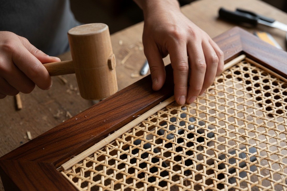 Installing soaked rattan cane webbing into a wooden frame using staples and spline (ID#2)