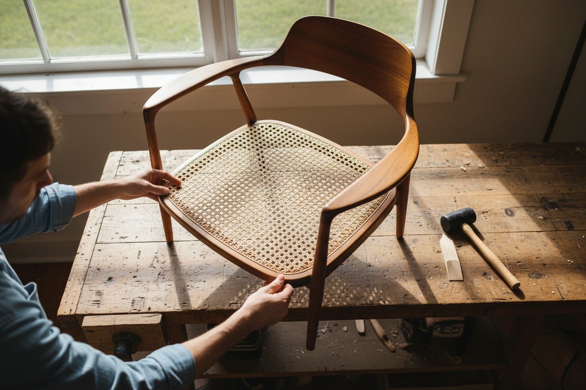 Replacing rattan cane webbing on an old vintage chair for restoration (ID#1)