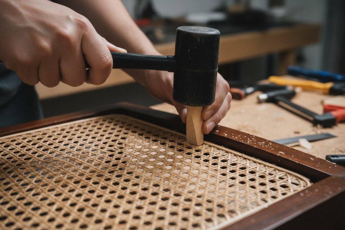 DIY pressed cane webbing replacement on vintage chairs using the groove and spline system (ID#2)