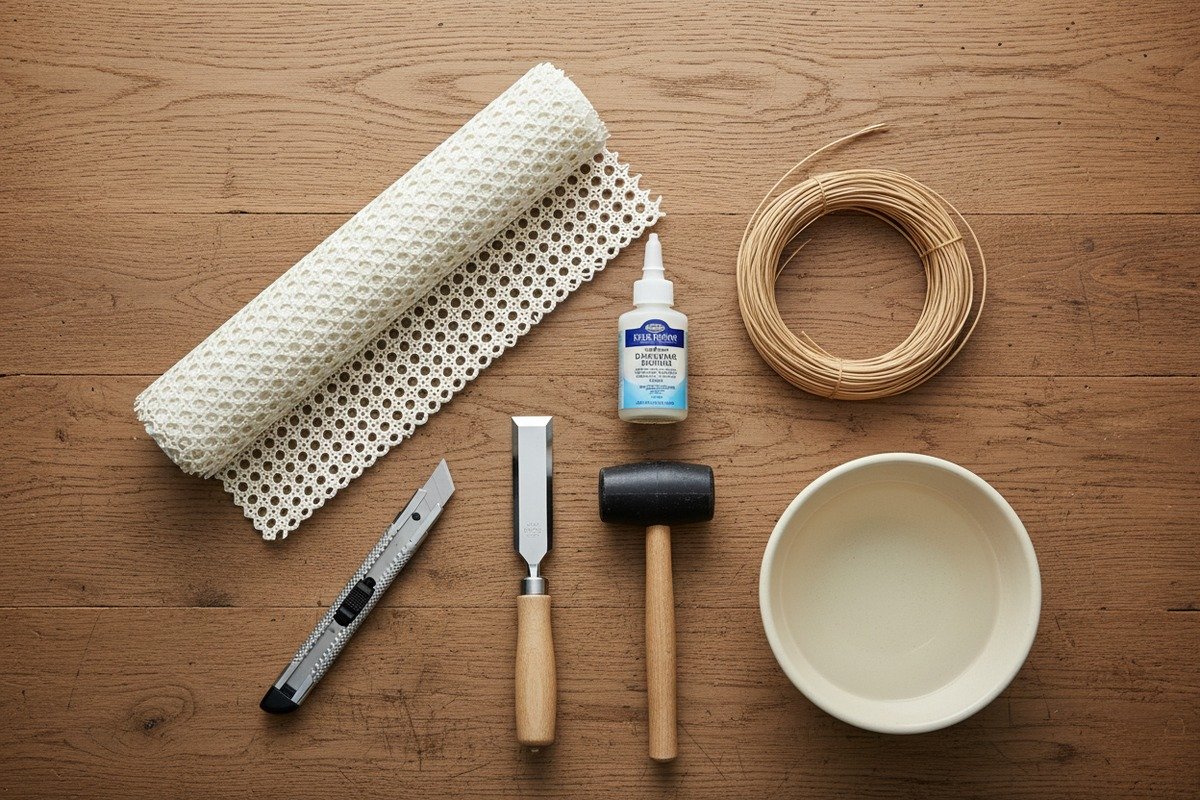 Essential tools and materials for rattan restoration including cane webbing and reed spline (ID#3)