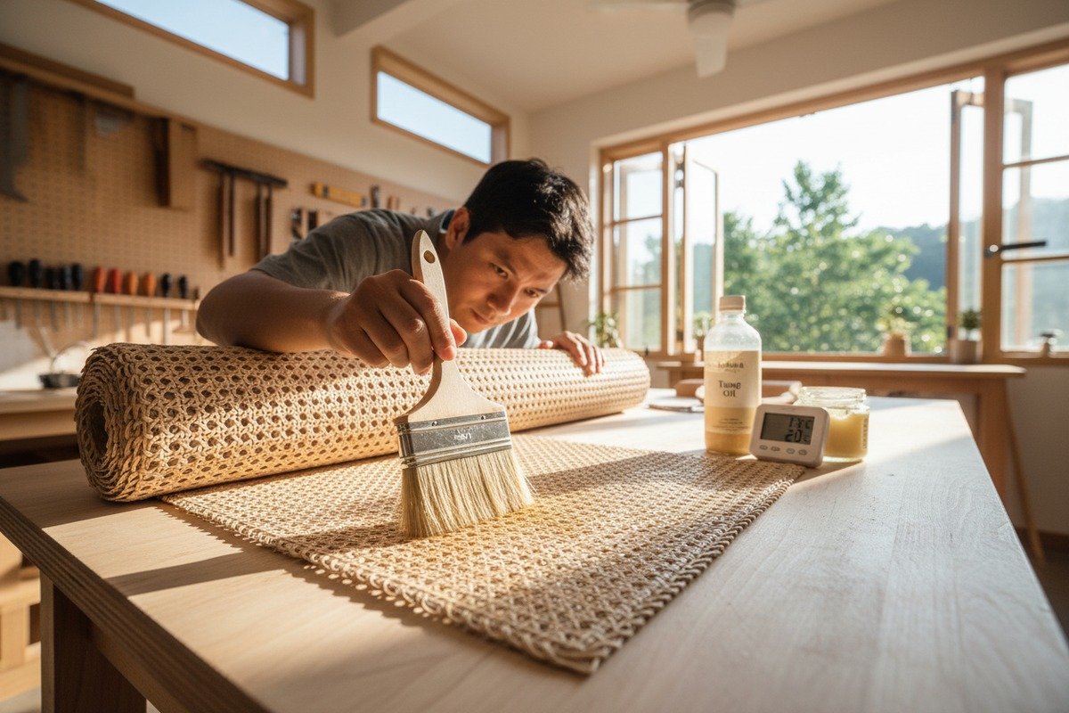 Natural rattan cane webbing material showing texture and weave to prevent mold growth (ID#1)