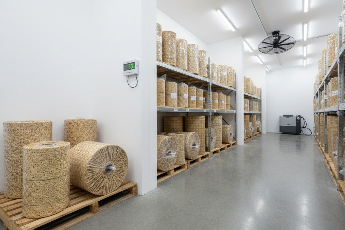 Rattan cane webbing rolls stored on pallets in a dry well-ventilated warehouse environment (ID#2)