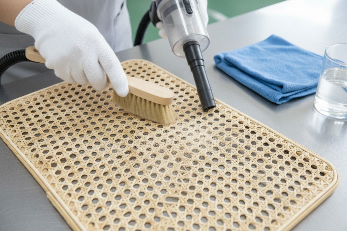 Cleaning rattan cane webbing with a soft brush and mild soap to prevent mold (ID#3)