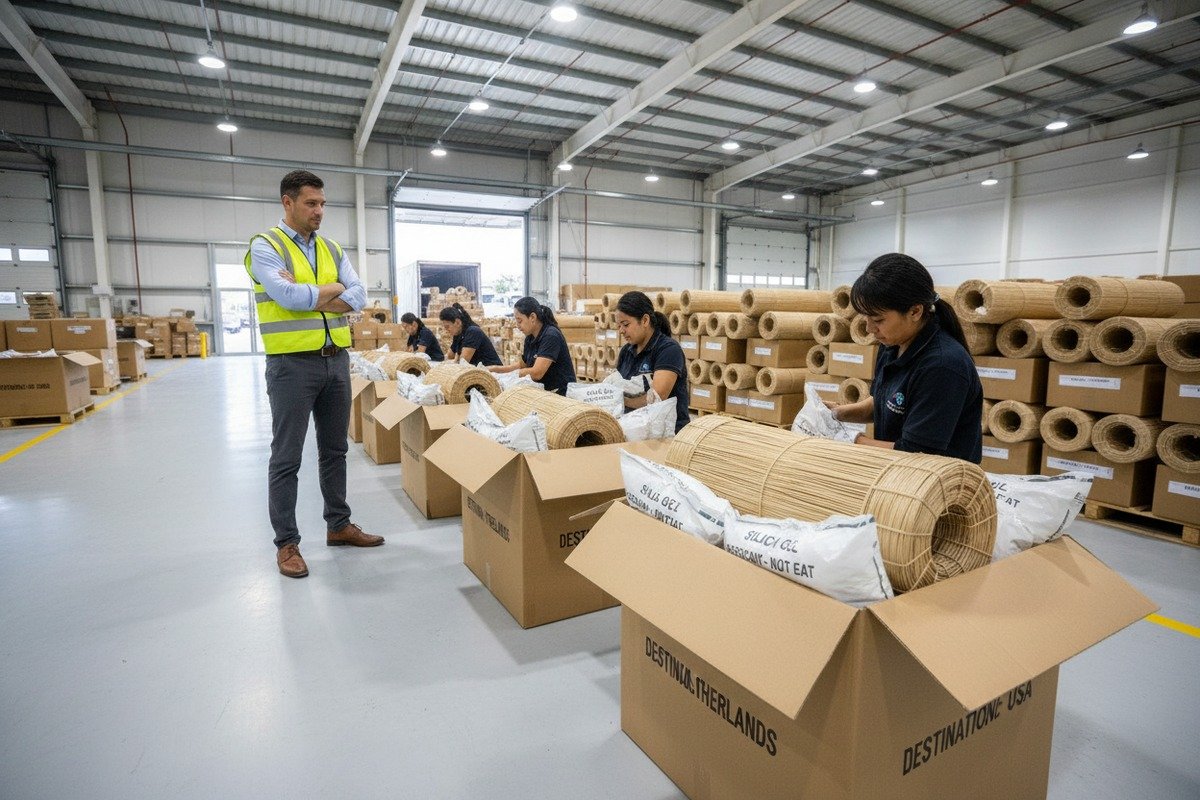 Bulk rattan webbing packed in moisture-barrier cartons for safe long-distance international shipping (ID#5)