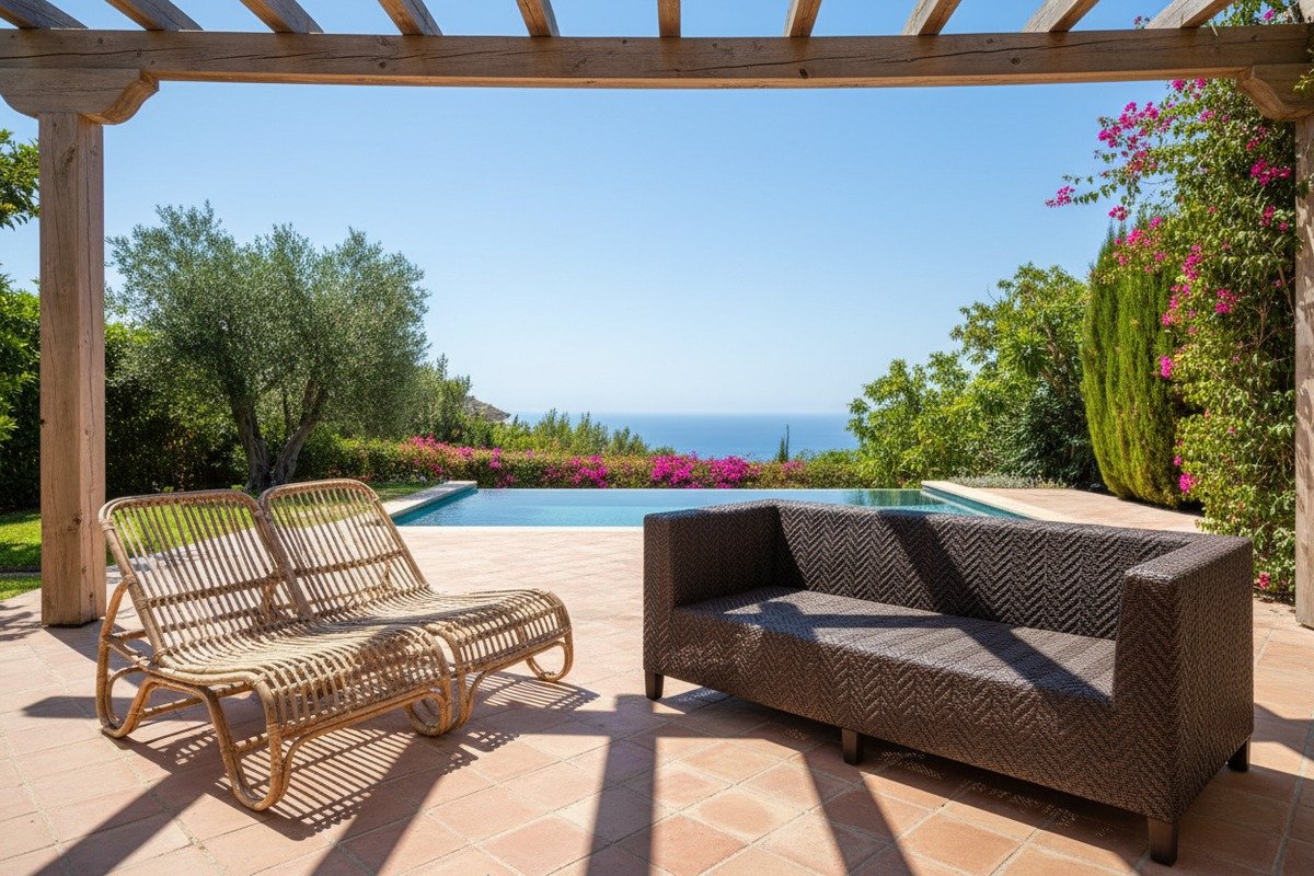 Natural rattan cane webbing furniture exposed to direct sunlight outdoors (ID#1)