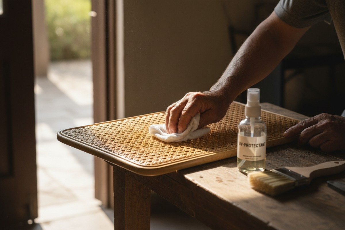 Protecting rattan from UV Applying protective varnish and using covers to prevent UV damage on rattan furniture (ID#4)