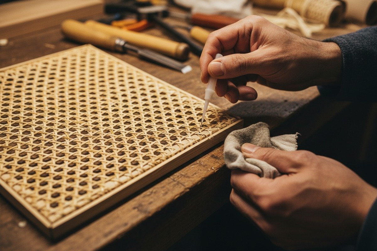 Repairing small cracks in rattan cane webbing to restore furniture appearance (ID#1)