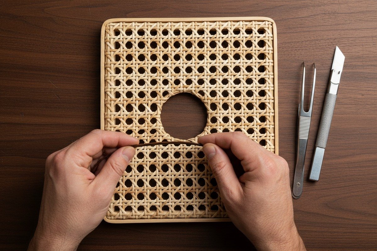 Fixing small rattan cracks by weaving replacement strands and securing with wood glue (ID#2)