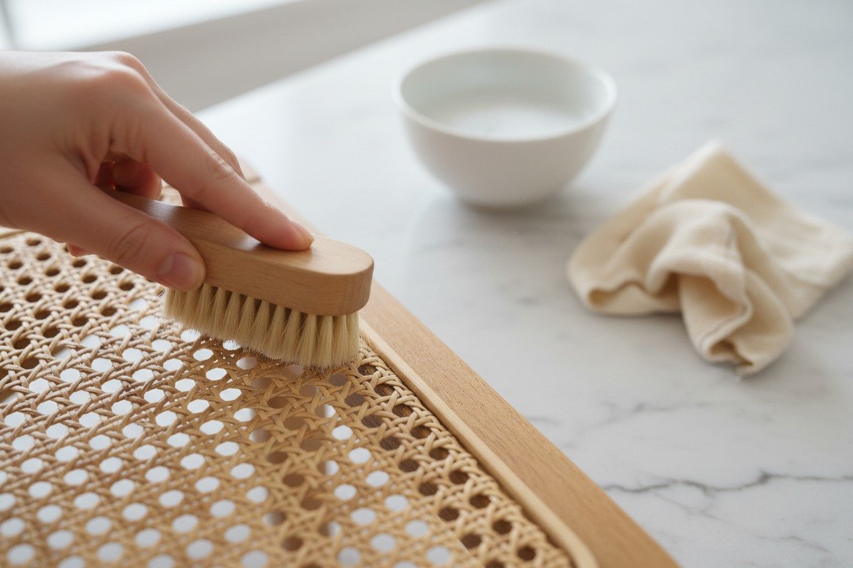 Reinigung von Rattan-Rohrgeflecht mit einer weichen Bürste und einem feuchten Tuch zur Erhaltung des Glanzes (ID#2)