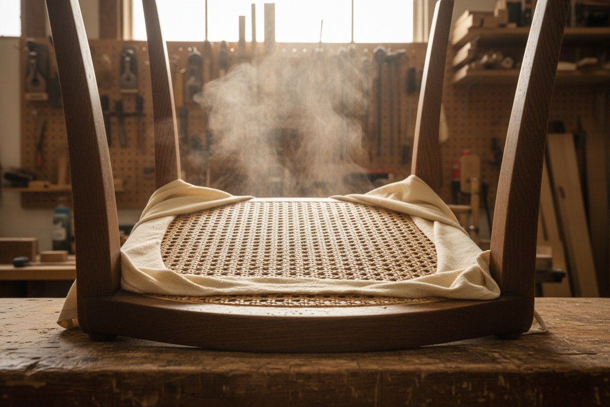 Wiederherstellung der Elastizität von durchhängendem Rattan-Geflecht mit einem warmen, feuchten Tuch auf der Unterseite (ID#3)