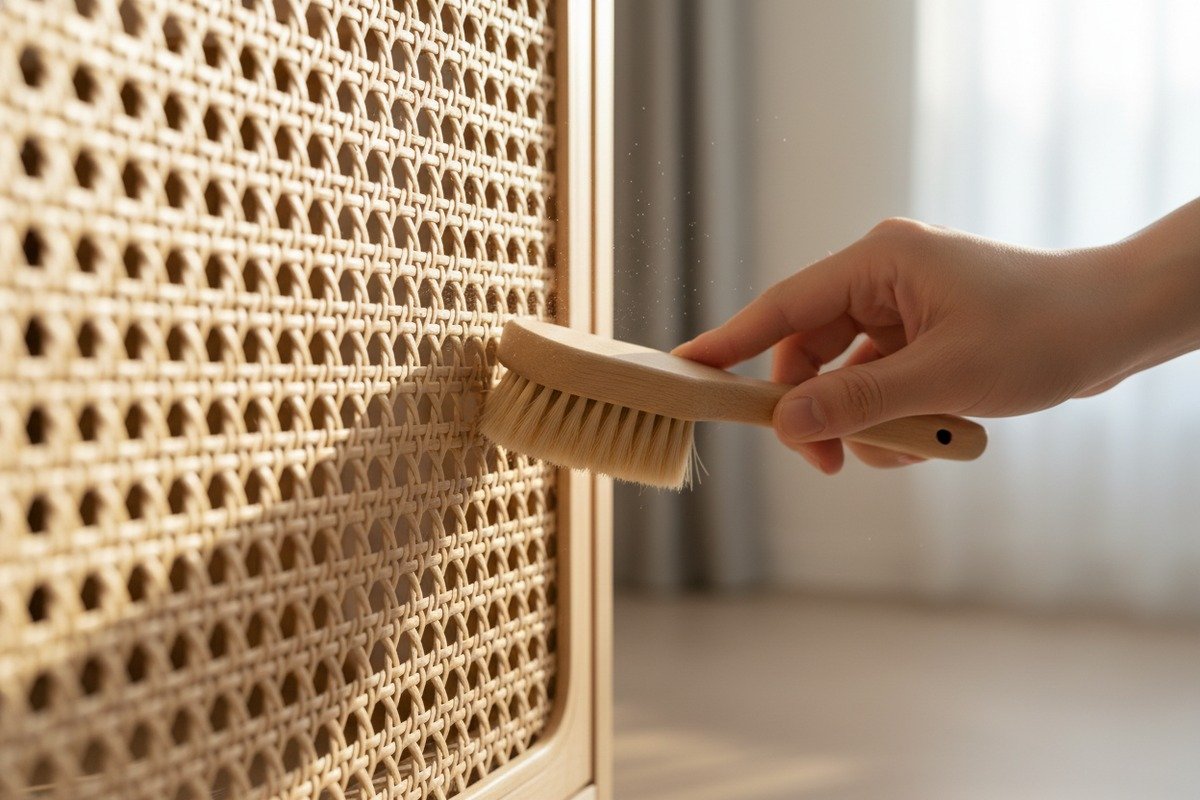 Cleaning Rattan Cane Webbing Cleaning rattan cane webbing with a soft brush to prevent brittleness and damage (ID#2)