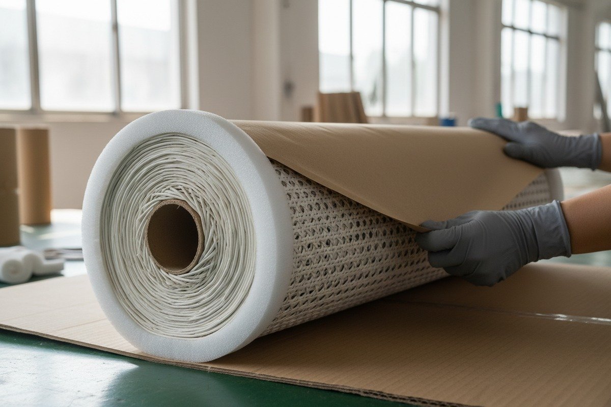 Secure five-layer packaging system for rattan cane webbing rolls during bulk shipping (ID#2)