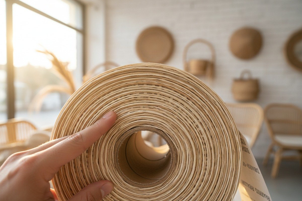 Custom private-label rattan rolls with branded labeling and specific length specifications (ID#4)