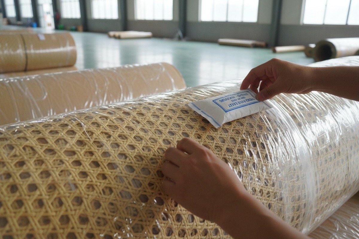 Moisture-proof packaging and desiccants protecting rattan cane webbing from mold during sea voyages (ID#2)